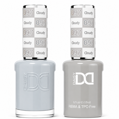 DND 097 Cloudy HEMA & TPO Free Gel Polish Duo light gray nail color with cool undertones and matching lacquer bottle.