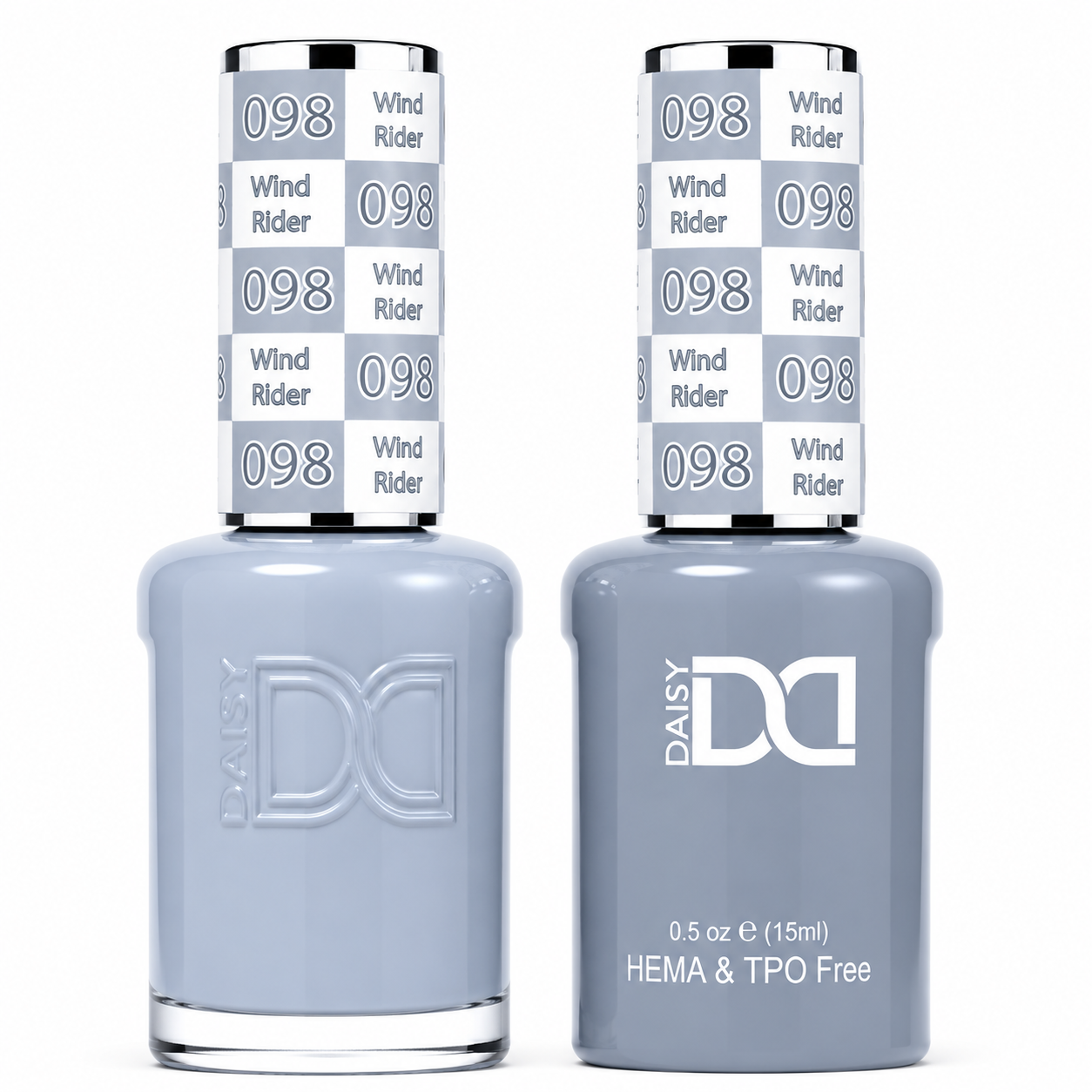 DND 098 Wind Rider HEMA & TPO Free Gel Polish Duo soft blue-gray nail color with cool undertones and matching lacquer bottle.