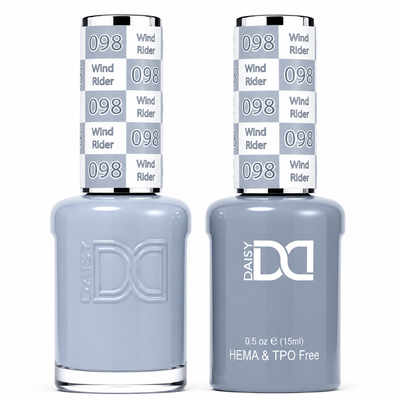 DND 098 Wind Rider HEMA & TPO Free Gel Polish Duo soft blue-gray nail color with cool undertones and matching lacquer bottle.