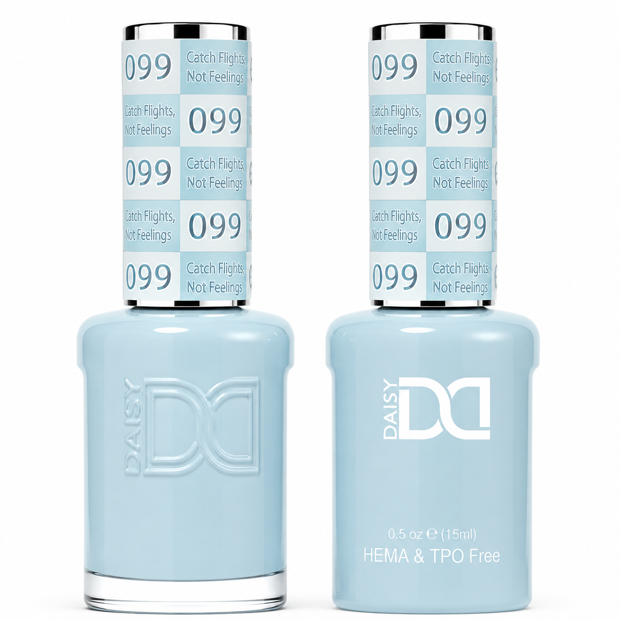 DND 099 Catch Flights, Not Feelings HEMA & TPO Free Gel Polish Duo soft sky blue nail color with cool undertones and matching lacquer bottle.