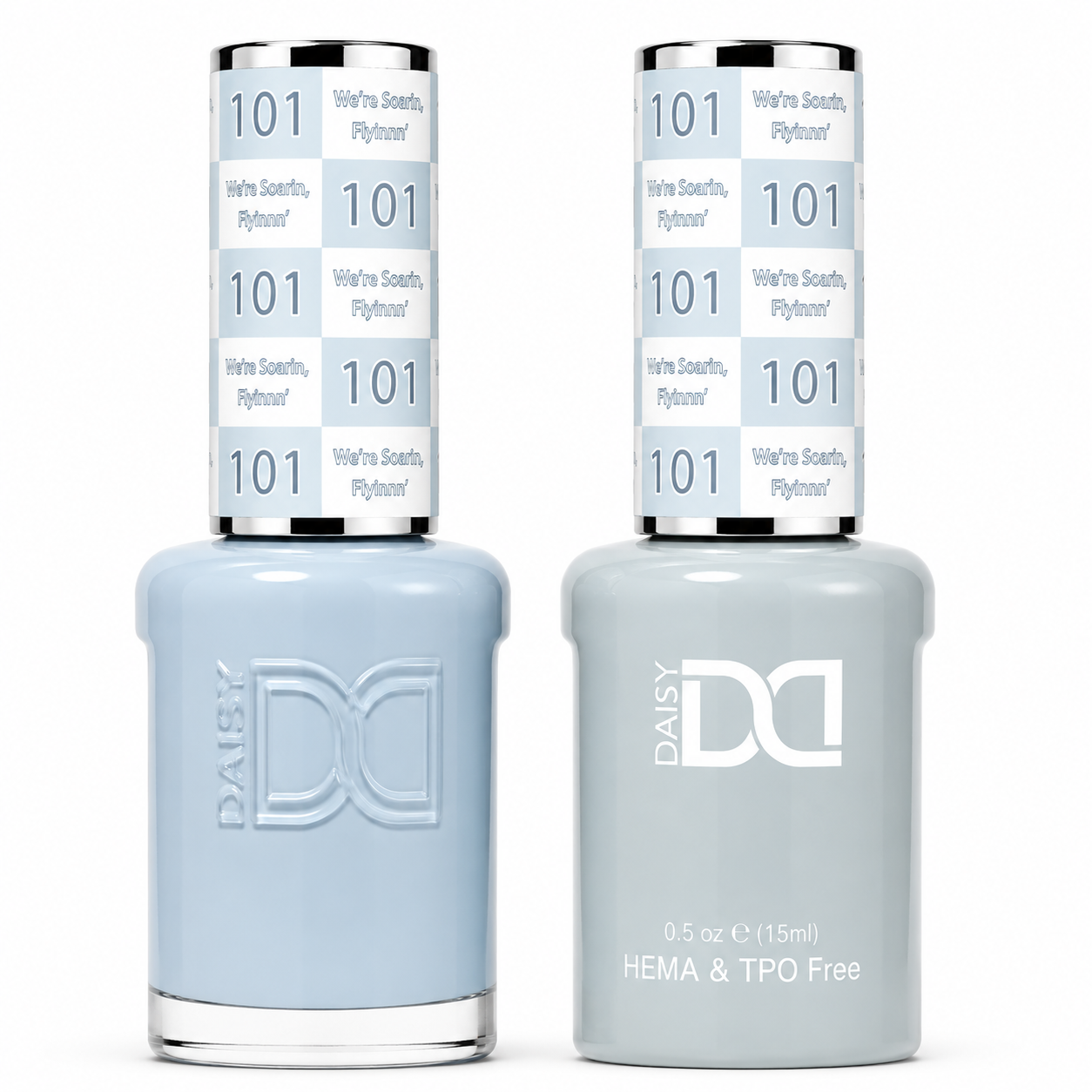 DND 102 Misty HEMA & TPO Free Gel Polish Duo soft misty blue-gray nail color with cool undertones and matching lacquer bottle.