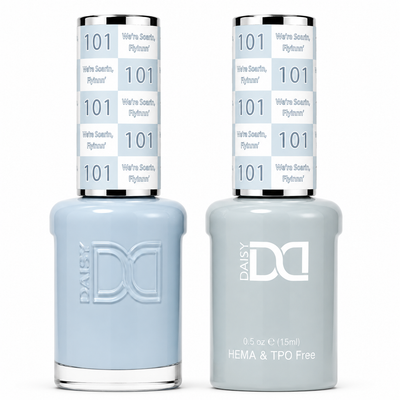 DND 102 Misty HEMA & TPO Free Gel Polish Duo soft misty blue-gray nail color with cool undertones and matching lacquer bottle.