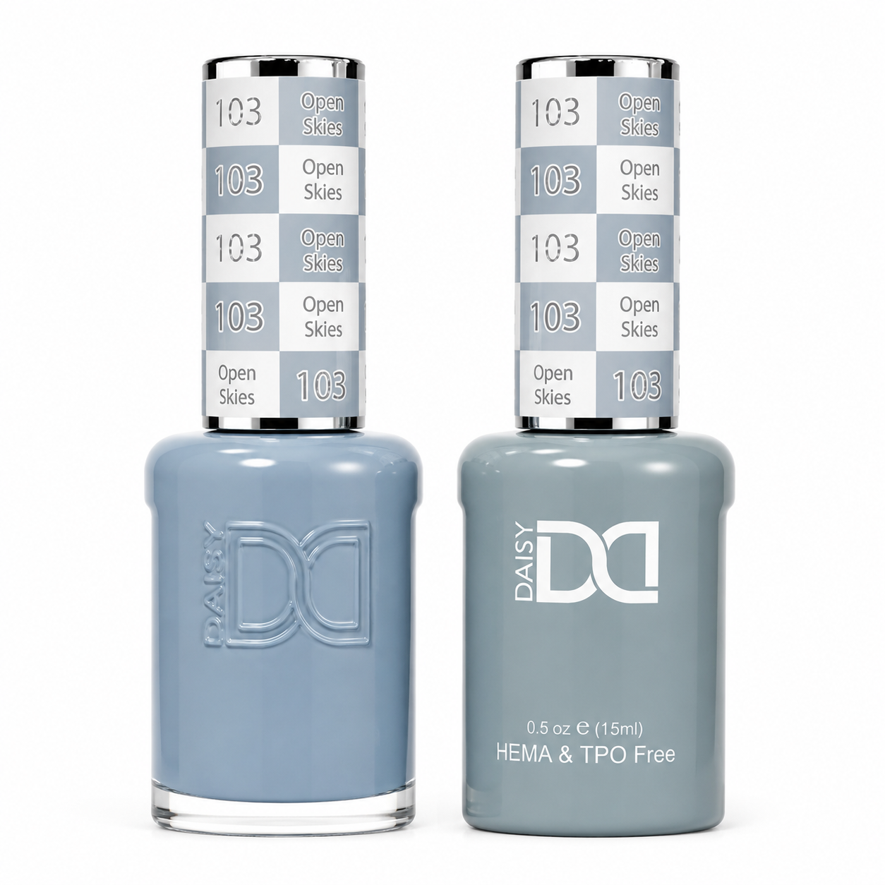 DND 103 Open Skies HEMA & TPO Free Gel Polish Duo soft pastel sky blue nail color with cool undertones and matching lacquer bottle.