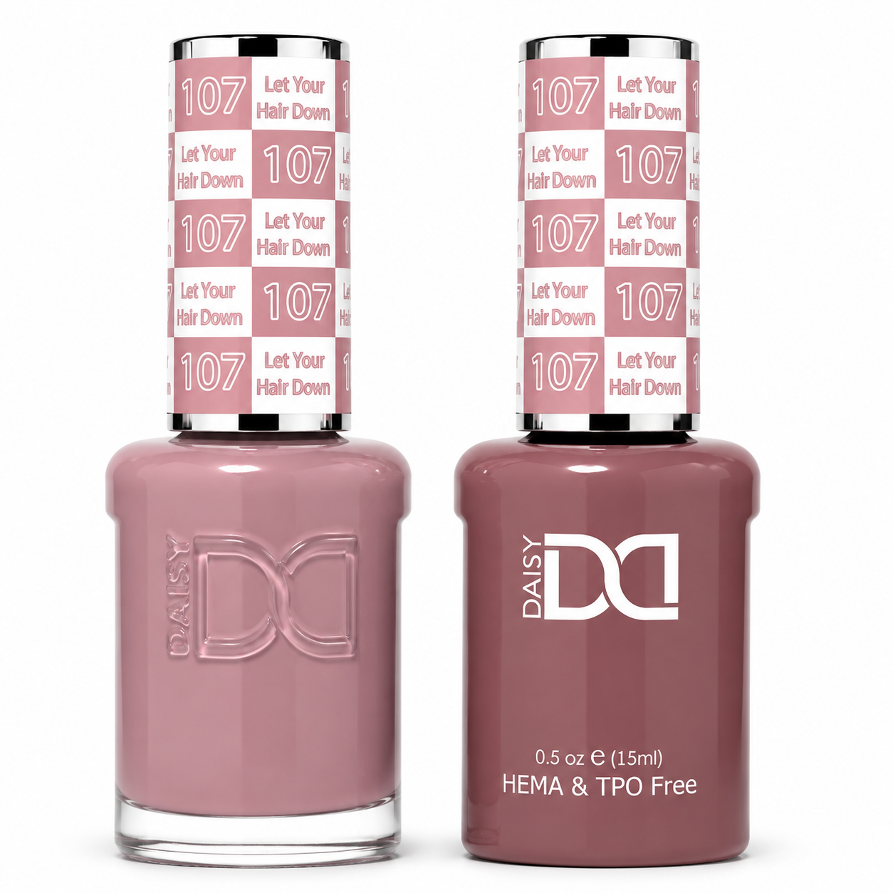 DND 107 Let Your Hair Down HEMA & TPO Free Gel Polish Duo dusty mauve pink gel polish and matching nail lacquer set.