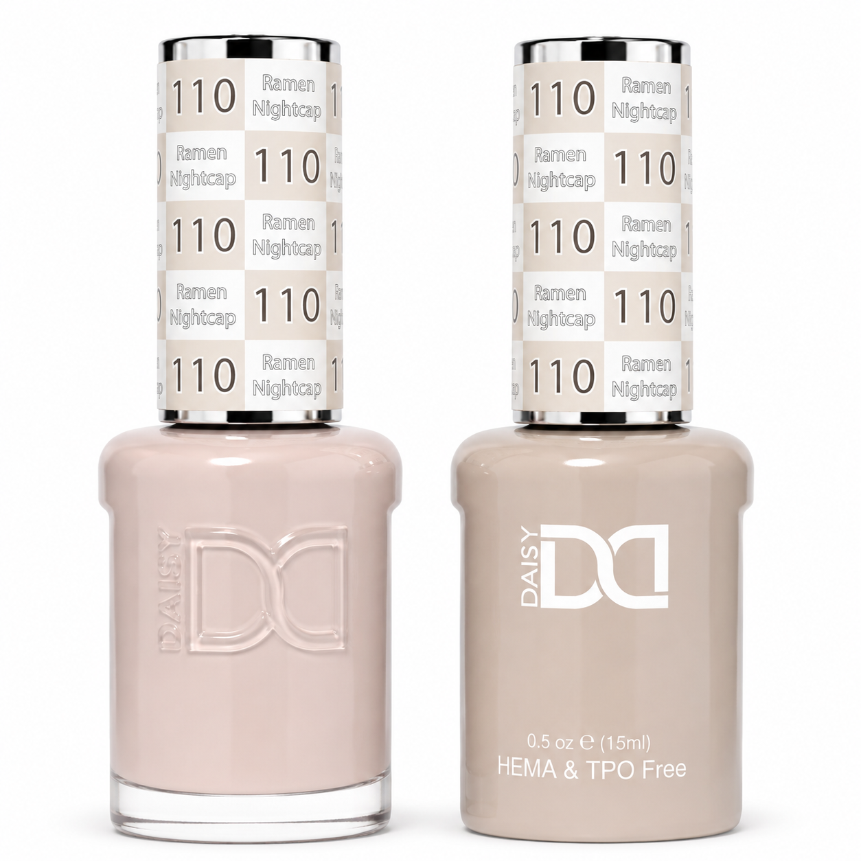 DND 110 Ramen Nightcap HEMA & TPO Free Gel Polish Duo creamy greige nude gel polish and matching nail lacquer set on white background.