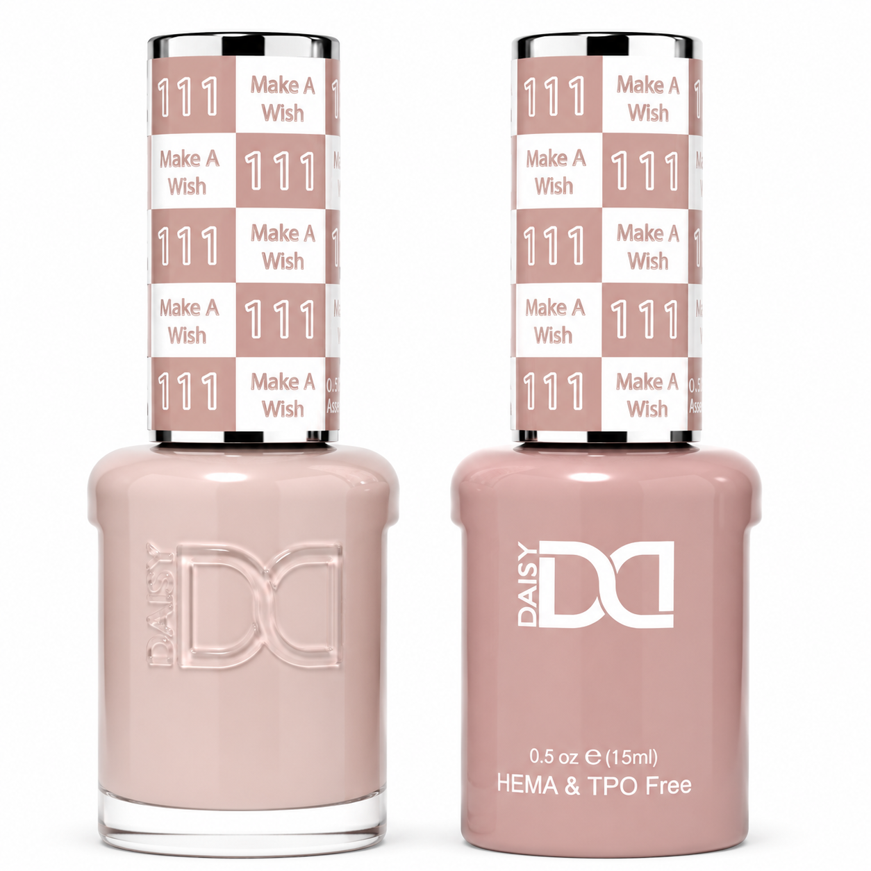 DND 111 Make A Wish HEMA & TPO Free Gel Polish Duo soft blush pink gel polish and matching nail lacquer set on white background.