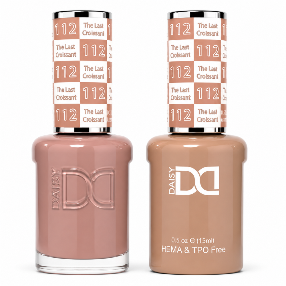 DND 112 The Last Croissant HEMA & TPO Free Gel Polish Duo warm beige nude gel polish and matching nail lacquer set on white background.