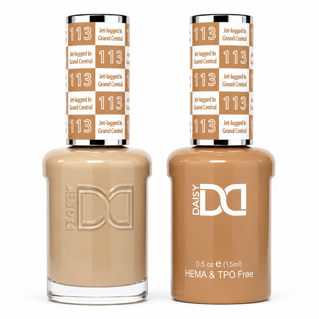 DND 113 Jet-lagged In Grand Central HEMA & TPO Free Gel Polish Duo warm honey beige gel polish and matching nail lacquer set on white background.