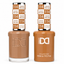 DND 114 Caramel After-dark HEMA & TPO Free Gel Polish Duo rich caramel nude gel polish and matching nail lacquer set on white background.