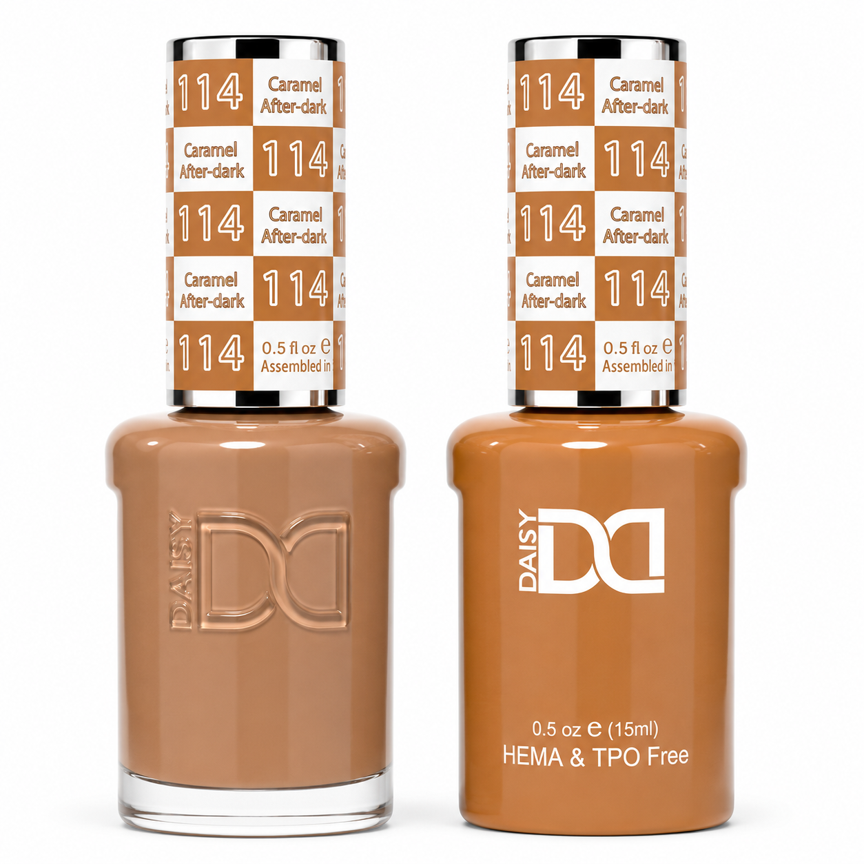 DND 114 Caramel After-dark HEMA & TPO Free Gel Polish Duo rich caramel nude gel polish and matching nail lacquer set on white background.