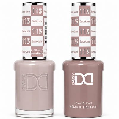 DND 115 Barce-Luna HEMA & TPO Free Gel Polish Duo dusty taupe mauve gel polish and matching nail lacquer set on white background.