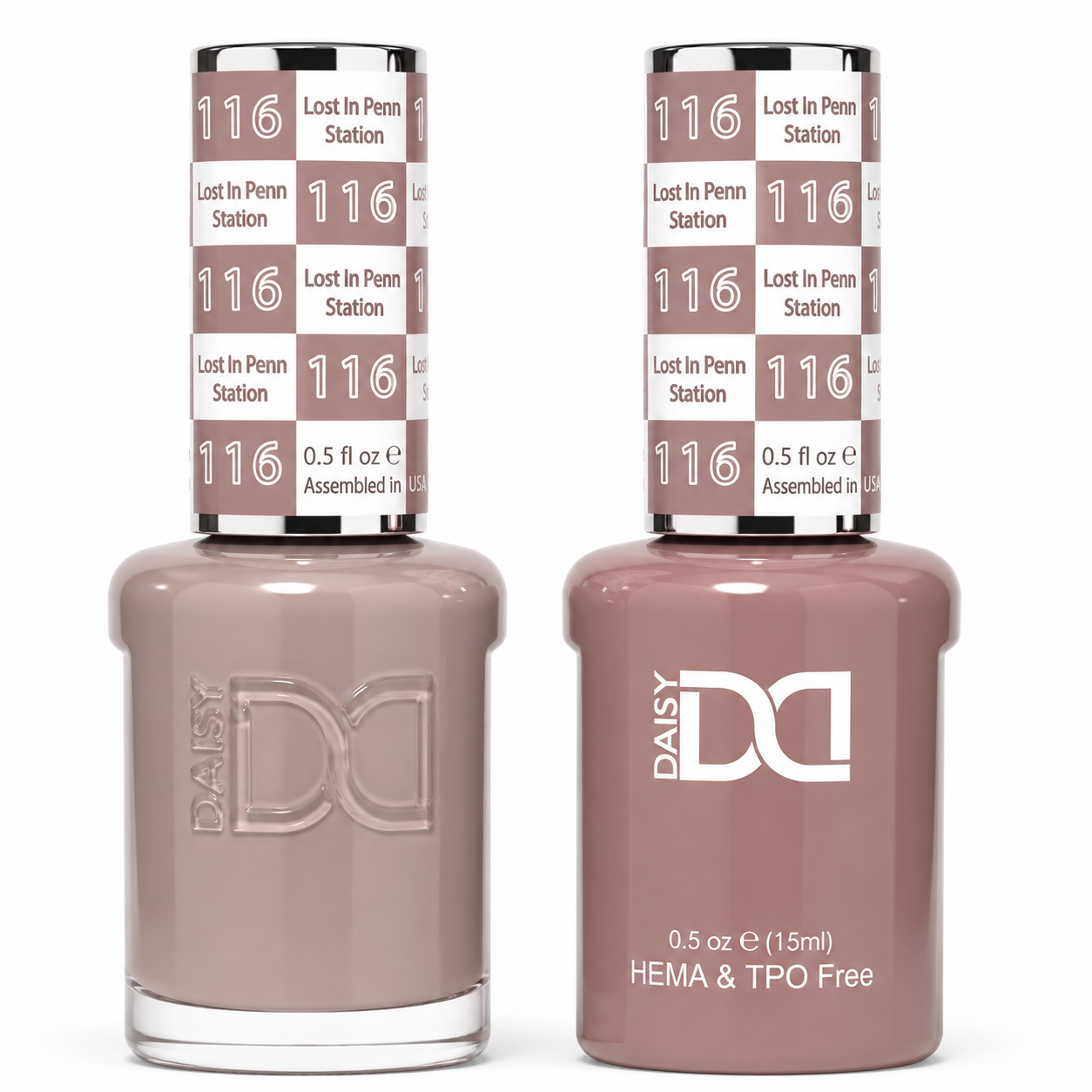 DND 116 Lost In Penn Station HEMA & TPO Free Gel Polish Duo muted rosy taupe gel polish and matching nail lacquer set on white background.