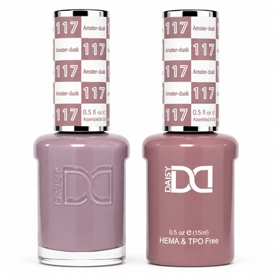 DND 117 Amster-dusk HEMA & TPO Free Gel Polish Duo dusty lavender mauve gel polish and matching nail lacquer set on white background.