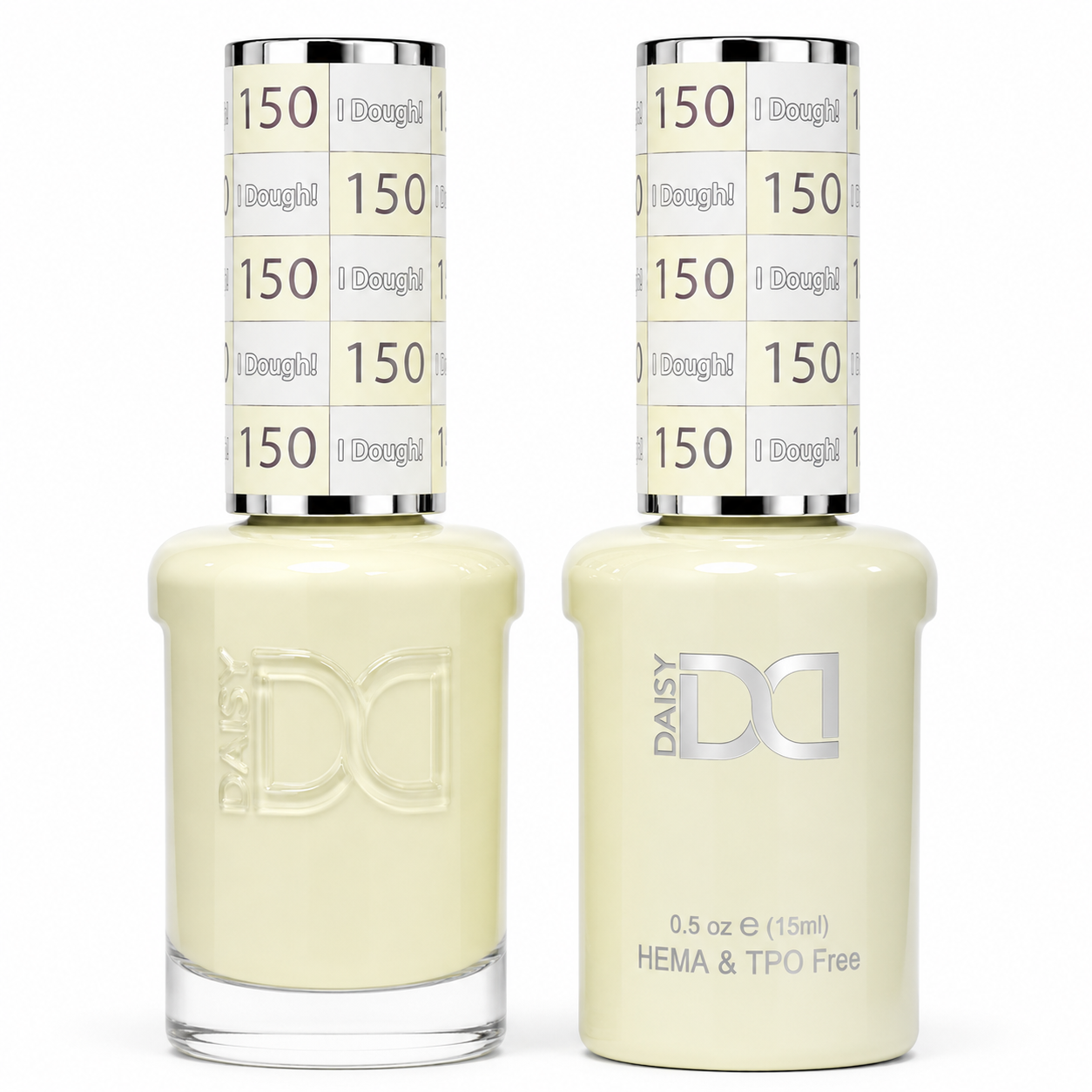 DND 150 I Dough! HEMA and TPO Free Gel Polish Duo soft buttery cream yellow nail polish bottles.