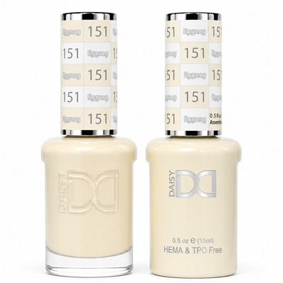 DND 151 Eggnog HEMA and TPO Free Gel Polish Duo soft creamy ivory beige nail polish bottles.