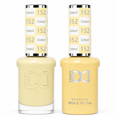DND 152 Custard HEMA and TPO Free Gel Polish Duo soft creamy pastel yellow nail polish bottles.