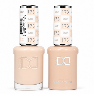 DND 173 Éclair HEMA and TPO Free Gel Polish Duo creamy peach nude nail polish bottles.