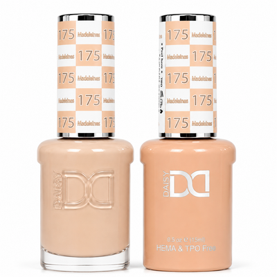 DND 175 Madeleines HEMA and TPO Free Gel Polish Duo creamy peach beige nude nail polish bottles.