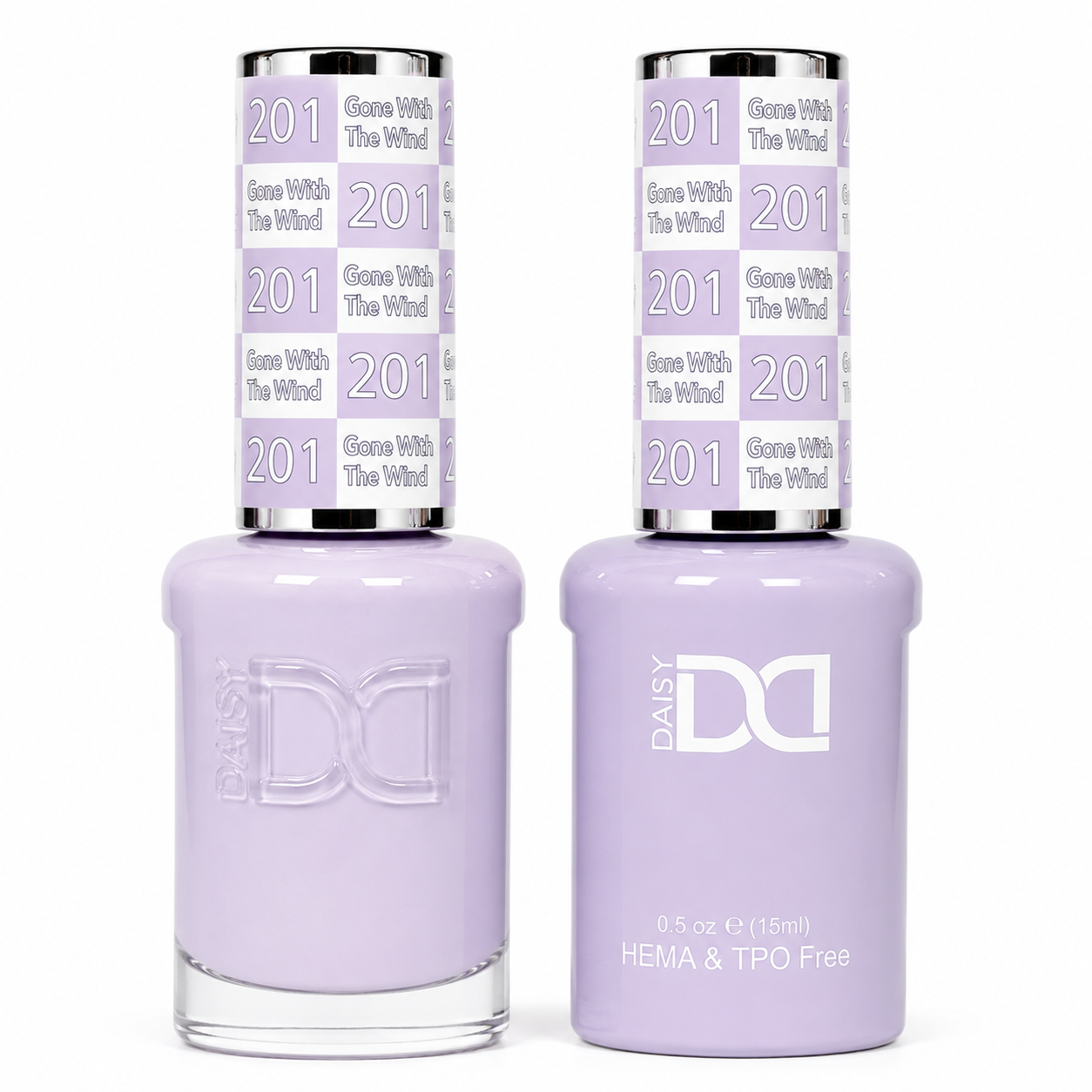 DND 201 Gone With The Wind HEMA and TPO Free Gel Polish Duo soft pastel lavender nail polish bottles.