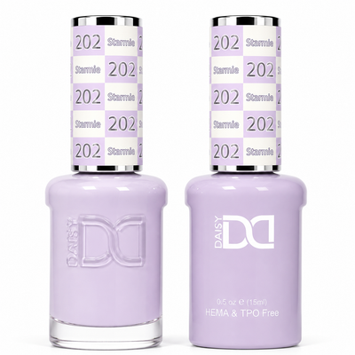 DND 202 Starmie HEMA and TPO Free Gel Polish Duo soft pastel lilac nail polish bottles.