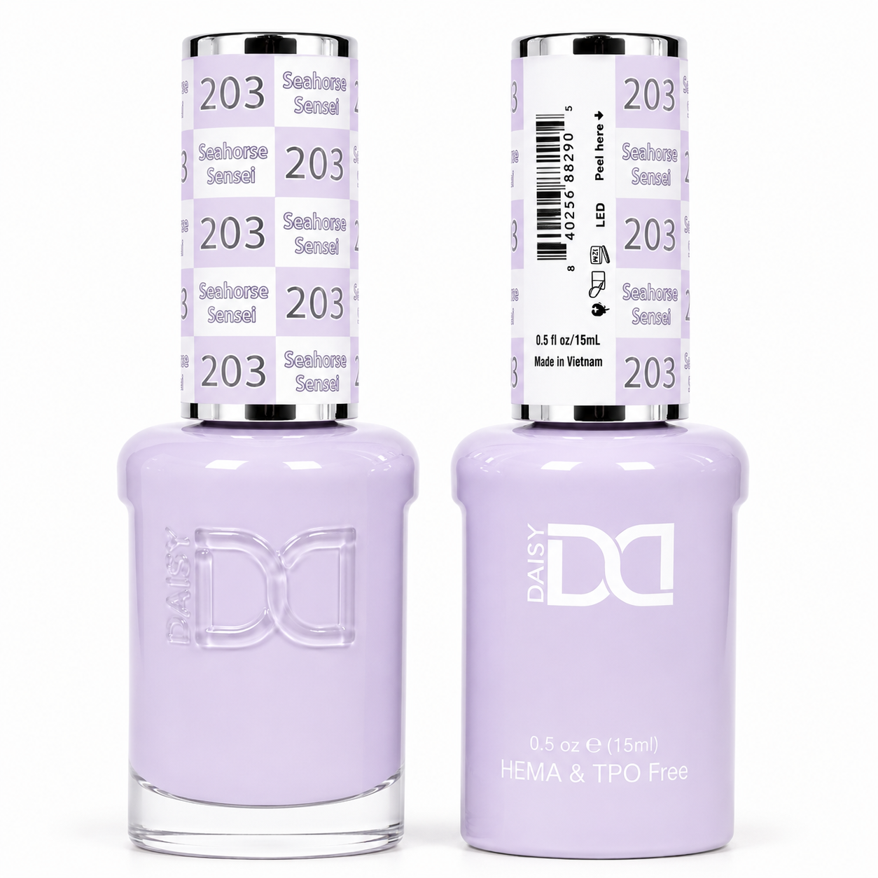 DND 203 Seahorse Sensei HEMA and TPO Free Gel Polish Duo soft pastel lavender nail polish bottles.