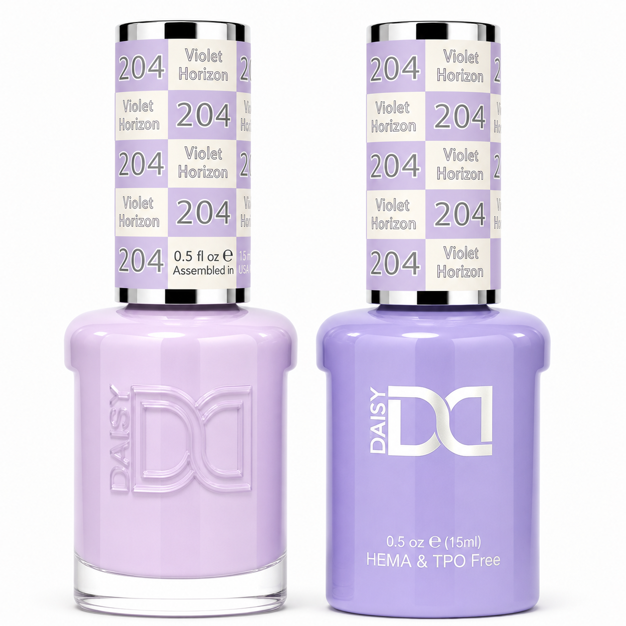 DND 204 Violet Horizon HEMA and TPO Free Gel Polish Duo creamy pastel violet nail polish bottles.