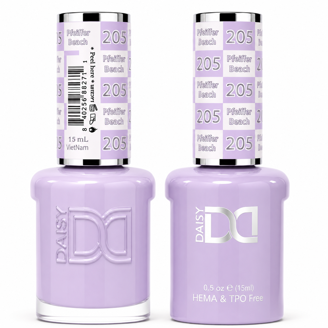 DND 205 Pfeiffer Beach HEMA and TPO Free Gel Polish Duo creamy soft lavender nail polish bottles.