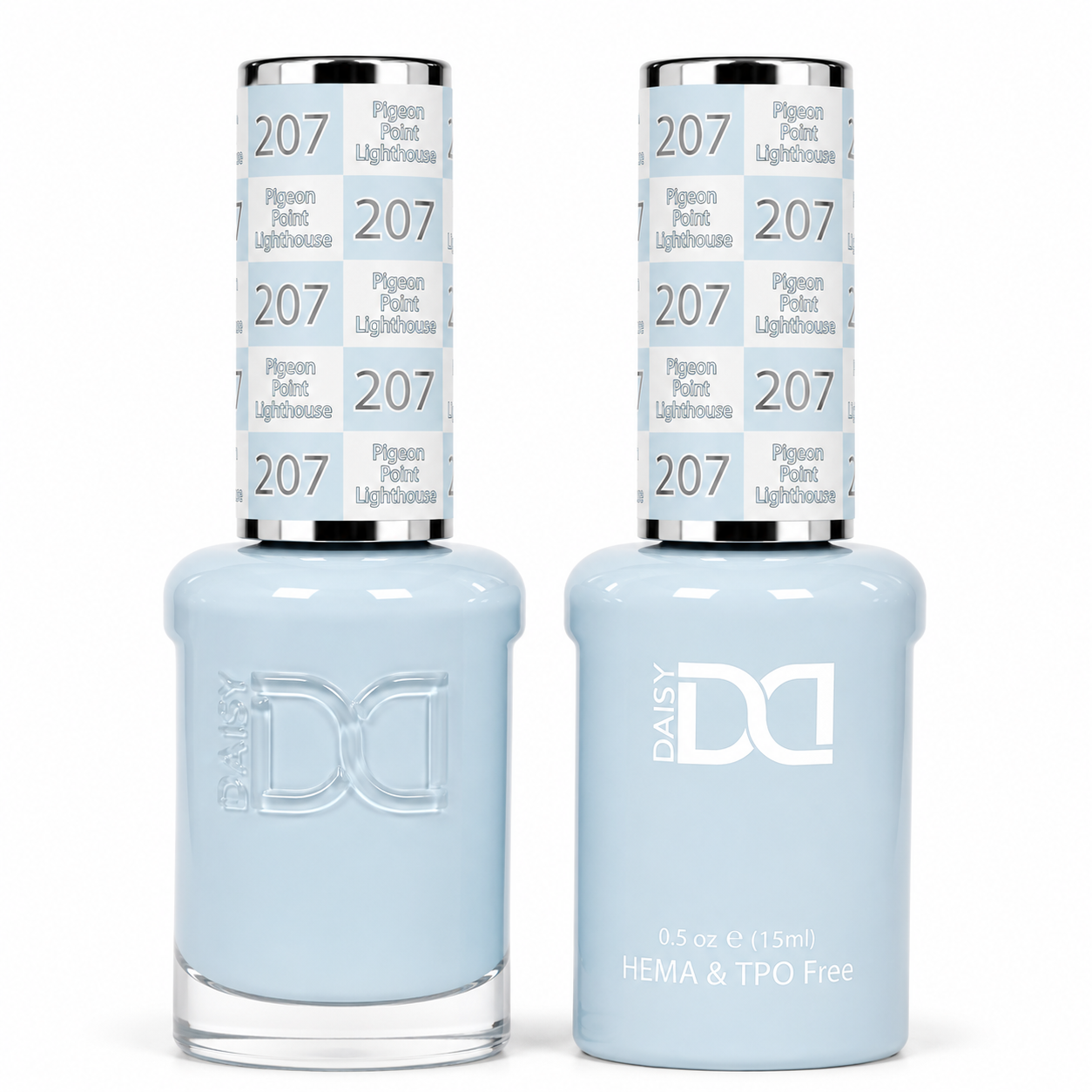 DND 207 Pigeon Point Lighthouse HEMA and TPO Free Gel Polish Duo soft pastel baby blue nail polish bottles.
