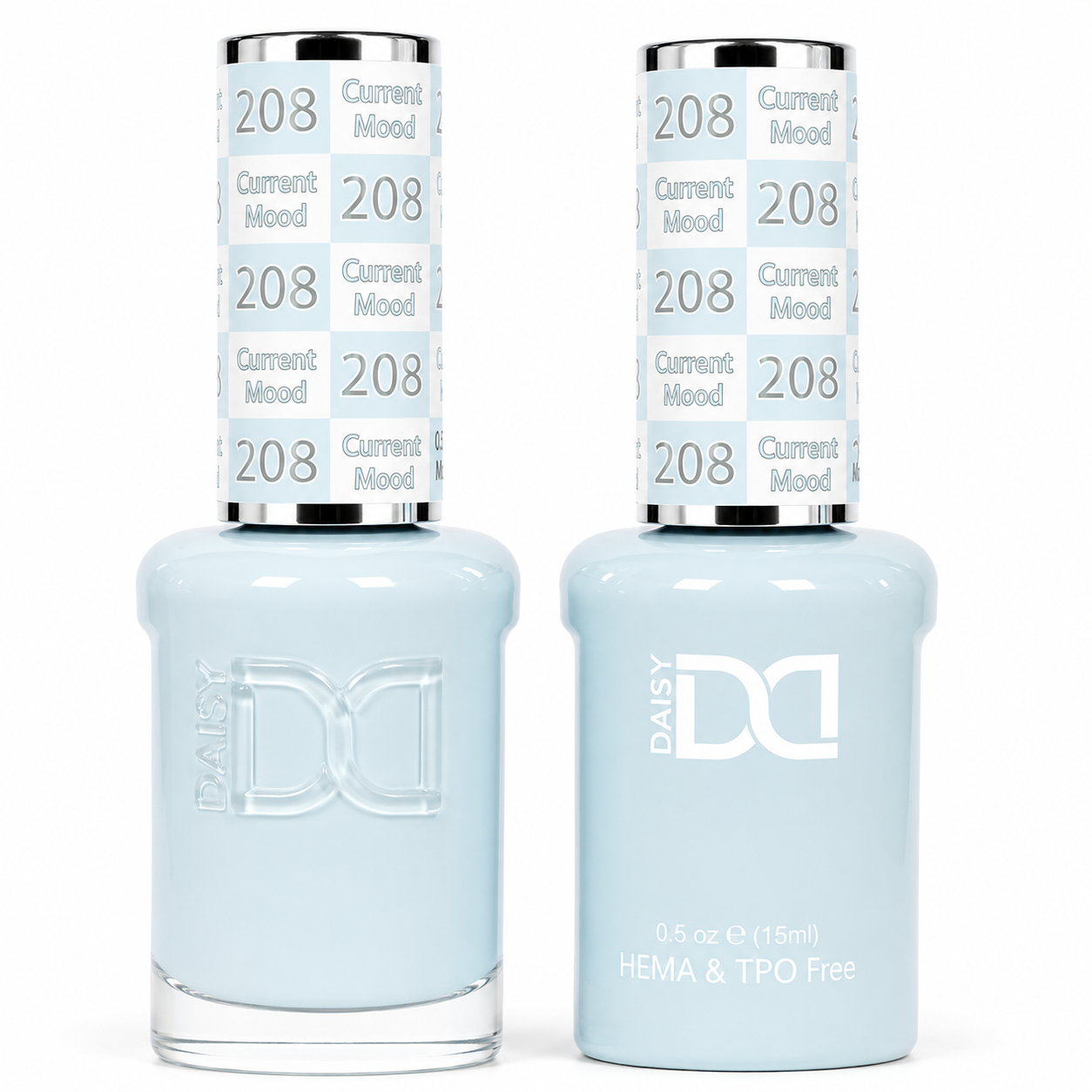 DND 208 Current Mood HEMA and TPO Free Gel Polish Duo soft pastel blue nail polish bottles.