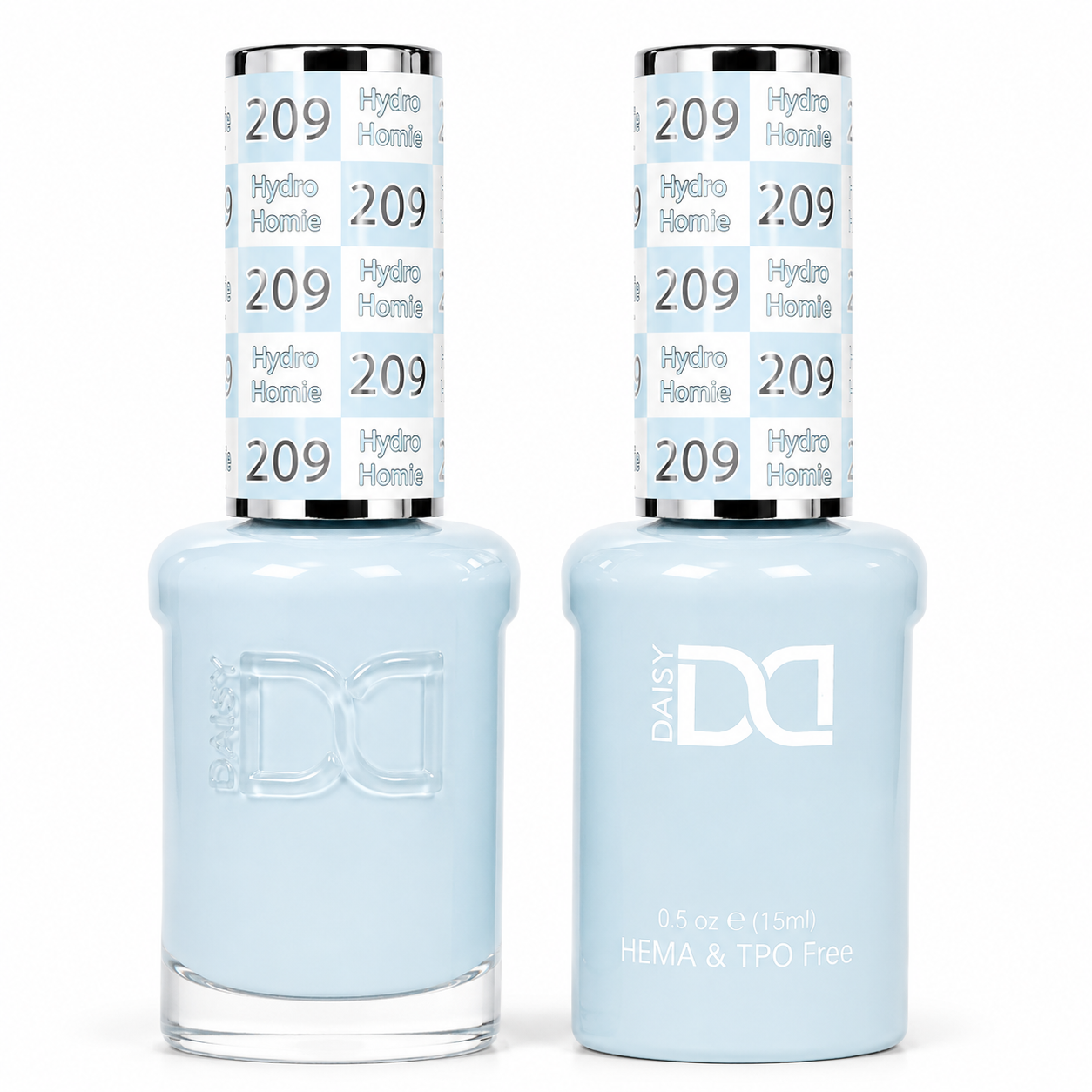DND 209 Hydro Homie HEMA and TPO Free Gel Polish Duo soft icy baby blue nail polish bottles.