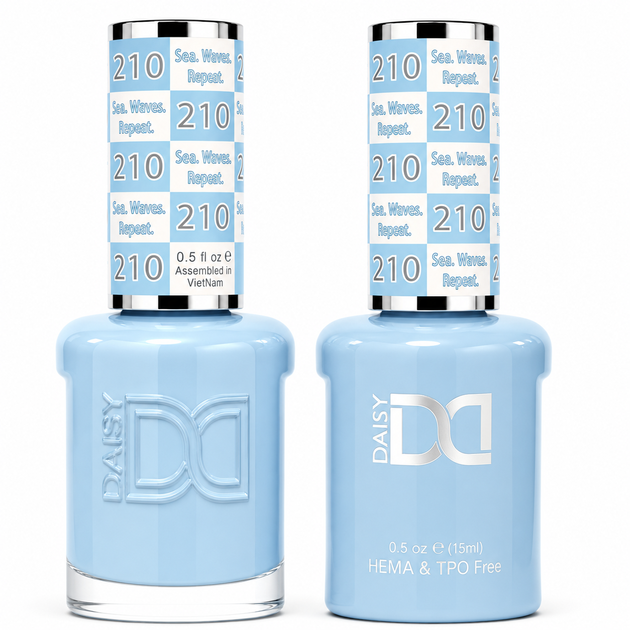 DND 210 Sea. Waves. Repeat. HEMA and TPO Free Gel Polish Duo creamy ocean blue nail polish bottles.