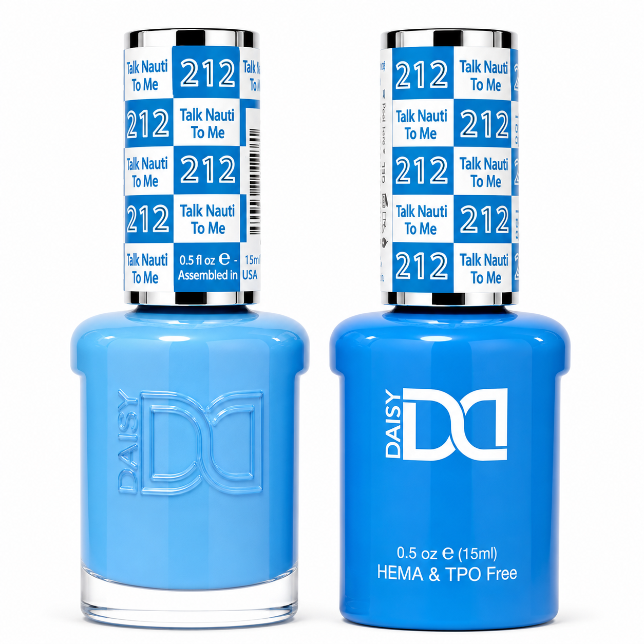 DND 212 Talk Nauti To Me HEMA and TPO Free Gel Polish Duo bold creamy ocean blue nail polish bottles.