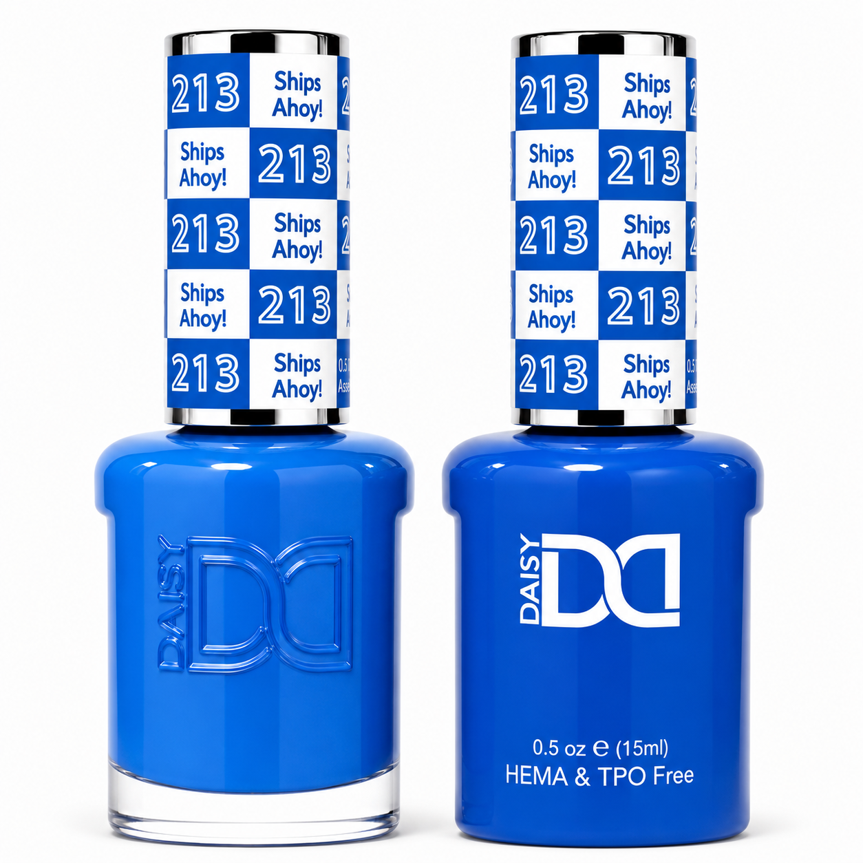 DND 213 Ships Ahoy! HEMA and TPO Free Gel Polish Duo bold cobalt blue nail polish bottles.