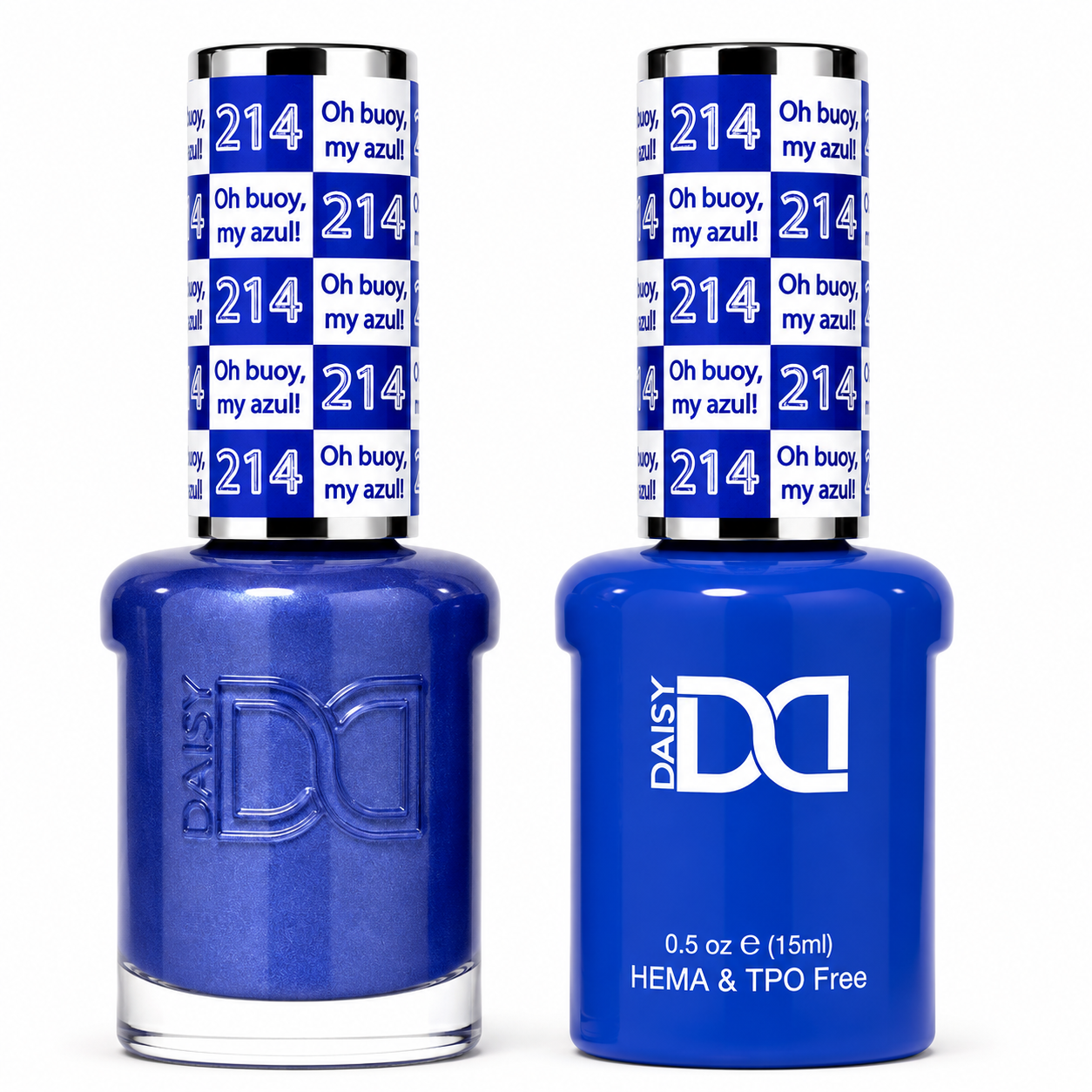 DND 214 Oh Buoy, My Azul! HEMA and TPO Free Gel Polish Duo vivid royal blue nail polish bottles.