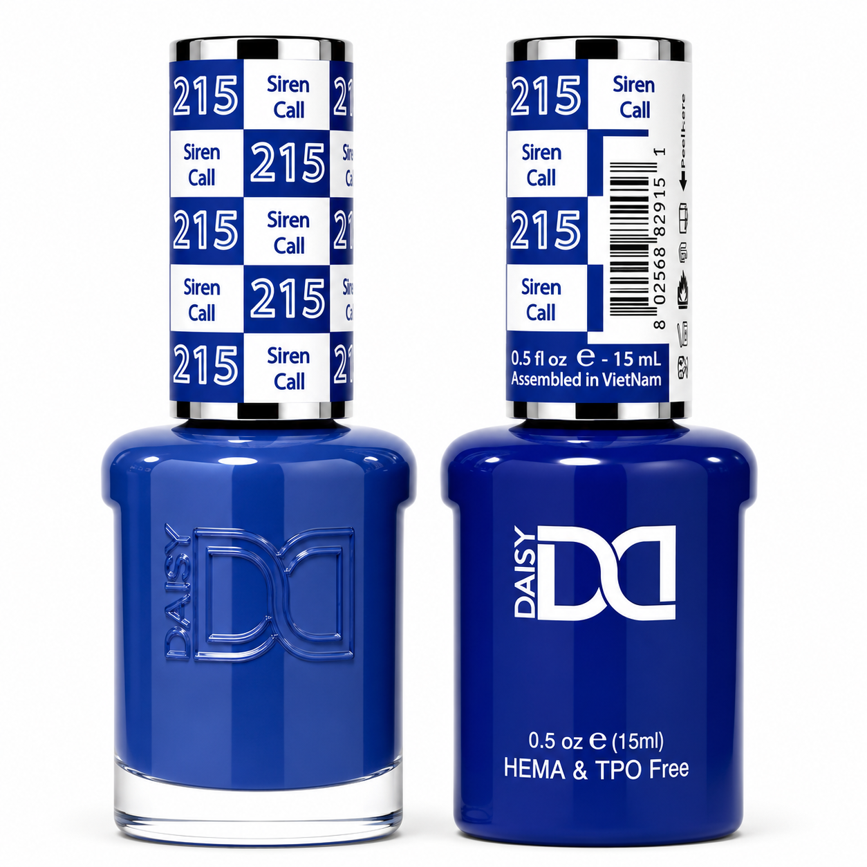 DND 215 Siren Call HEMA and TPO Free Gel Polish Duo deep navy blue nail polish bottles.
