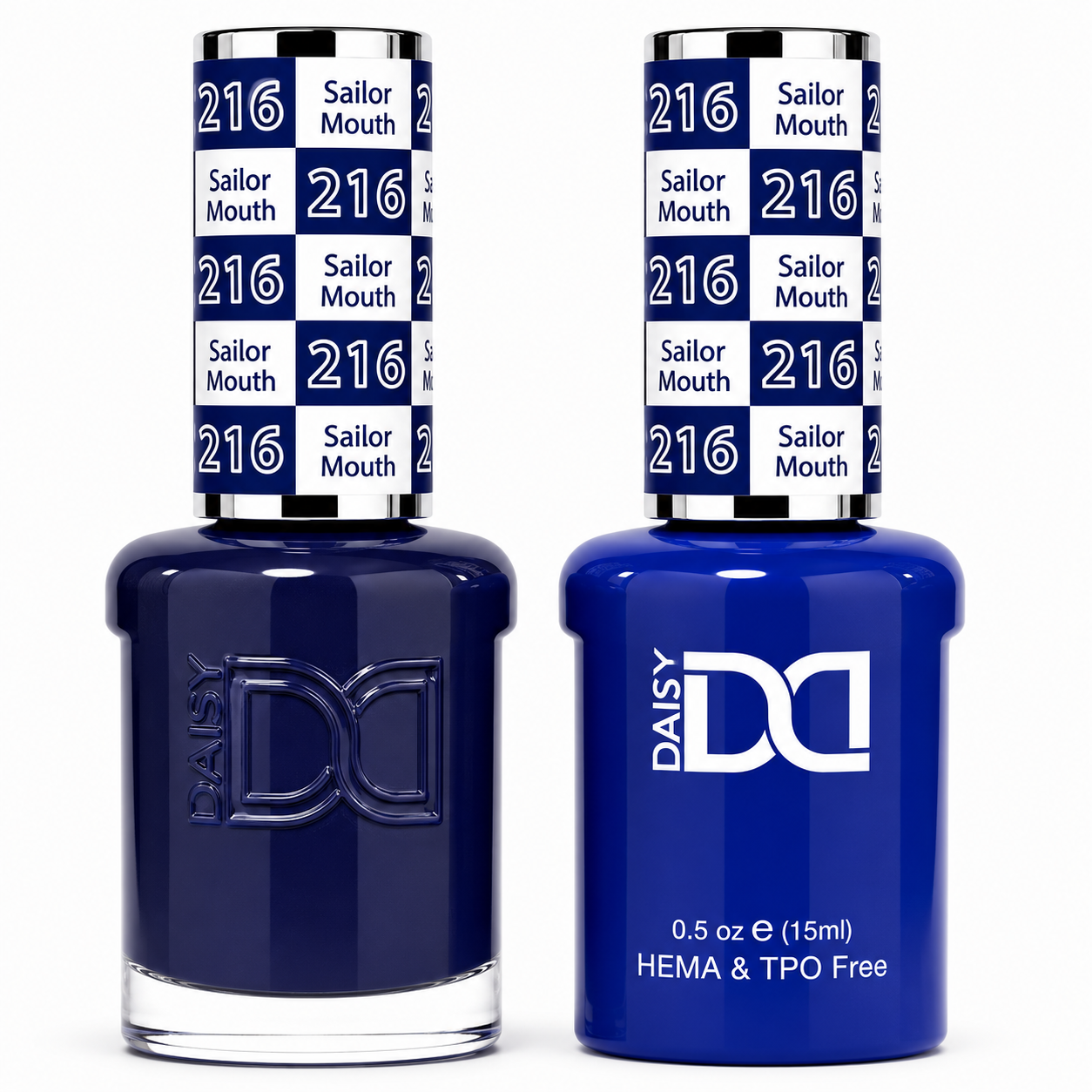DND 216 Sailor Mouth HEMA and TPO Free Gel Polish Duo deep navy blue nail polish bottles.