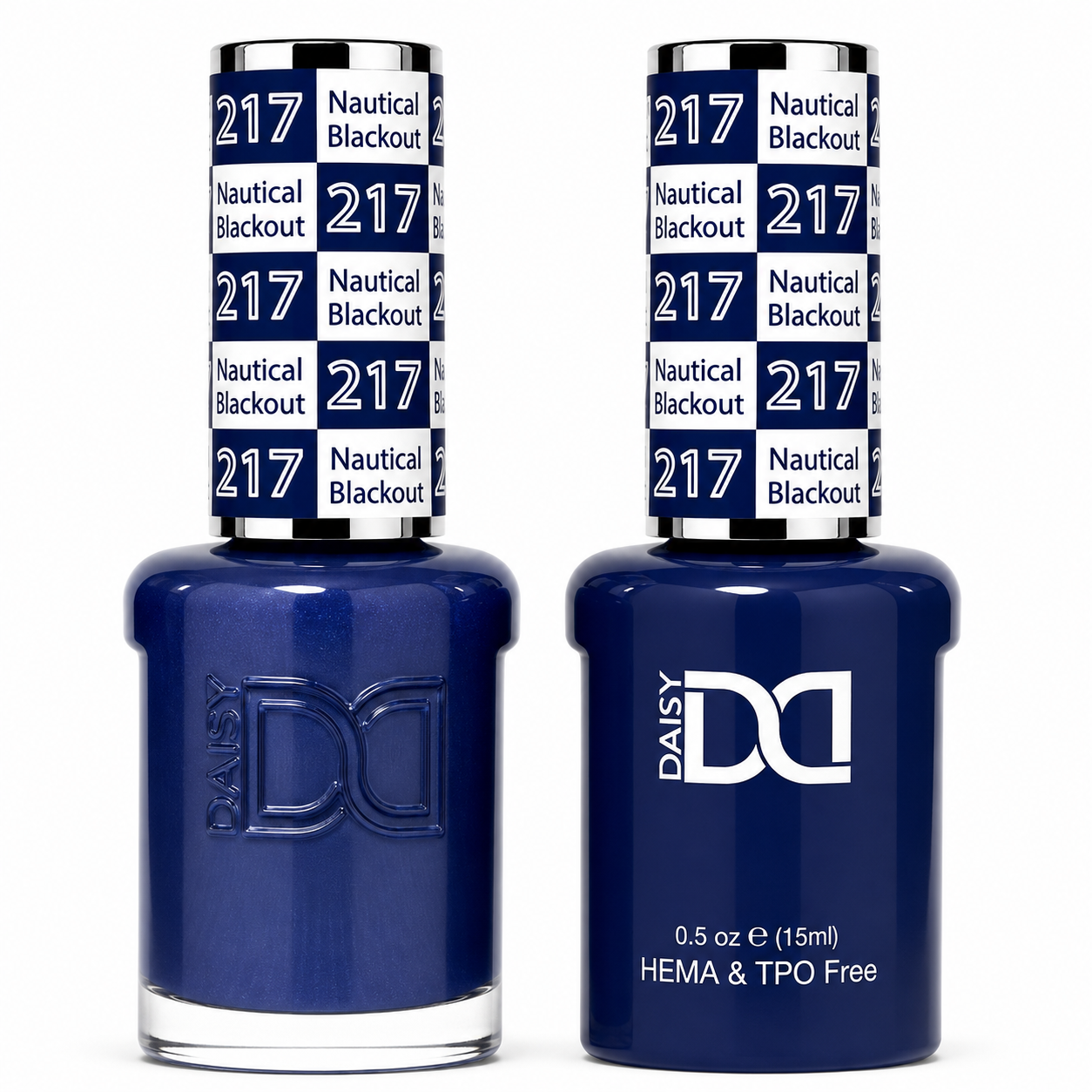 DND 217 Nautical Blackout HEMA and TPO Free Gel Polish Duo deep midnight navy nail polish bottles.