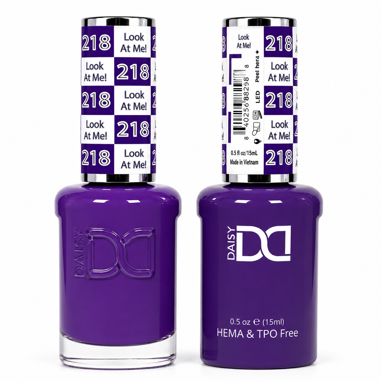 DND 218 Look At Me! HEMA and TPO Free Gel Polish Duo bold royal purple nail polish bottles.