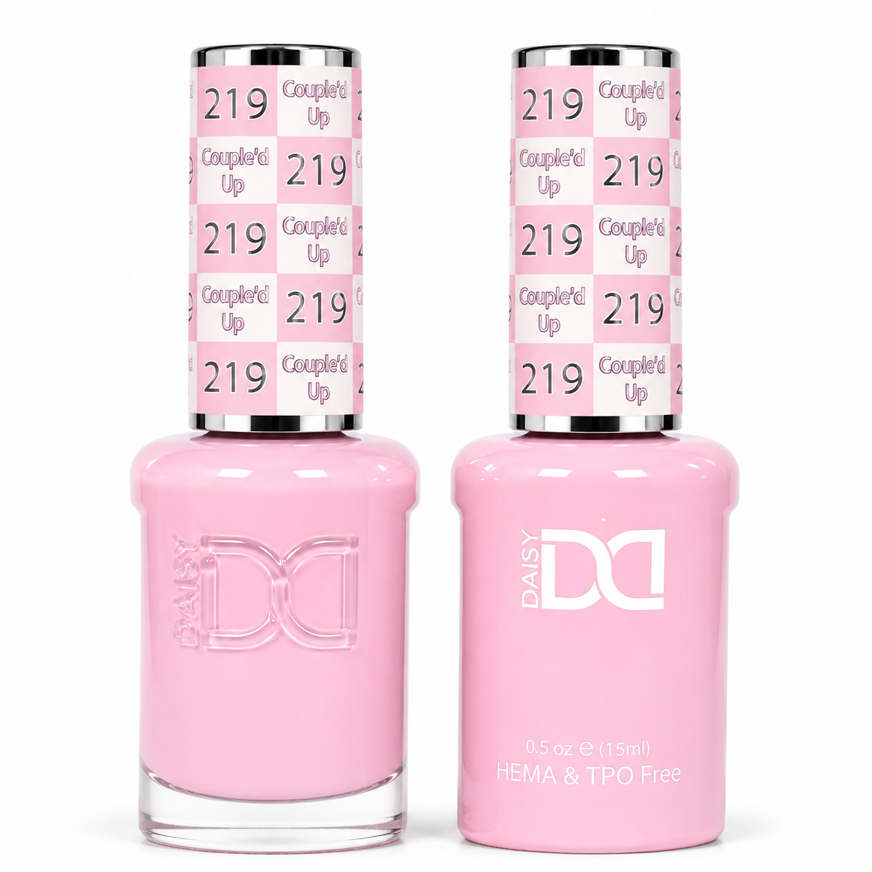 DND 219 Couple’d Up HEMA and TPO Free Gel Polish Duo sweet creamy pink nail polish bottles.