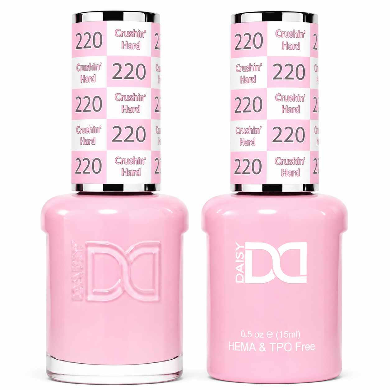 DND 220 Crushin’ Hard HEMA and TPO Free Gel Polish Duo sweet creamy baby pink nail polish bottles.