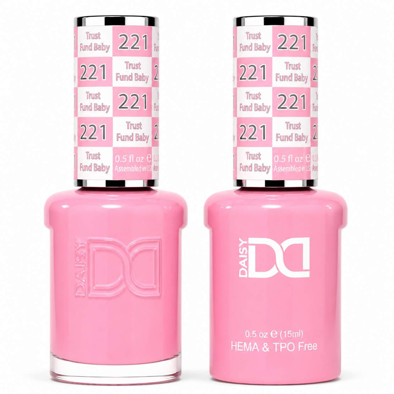 DND 221 Trust Fund Baby HEMA and TPO Free Gel Polish Duo bright creamy pink nail polish bottles.
