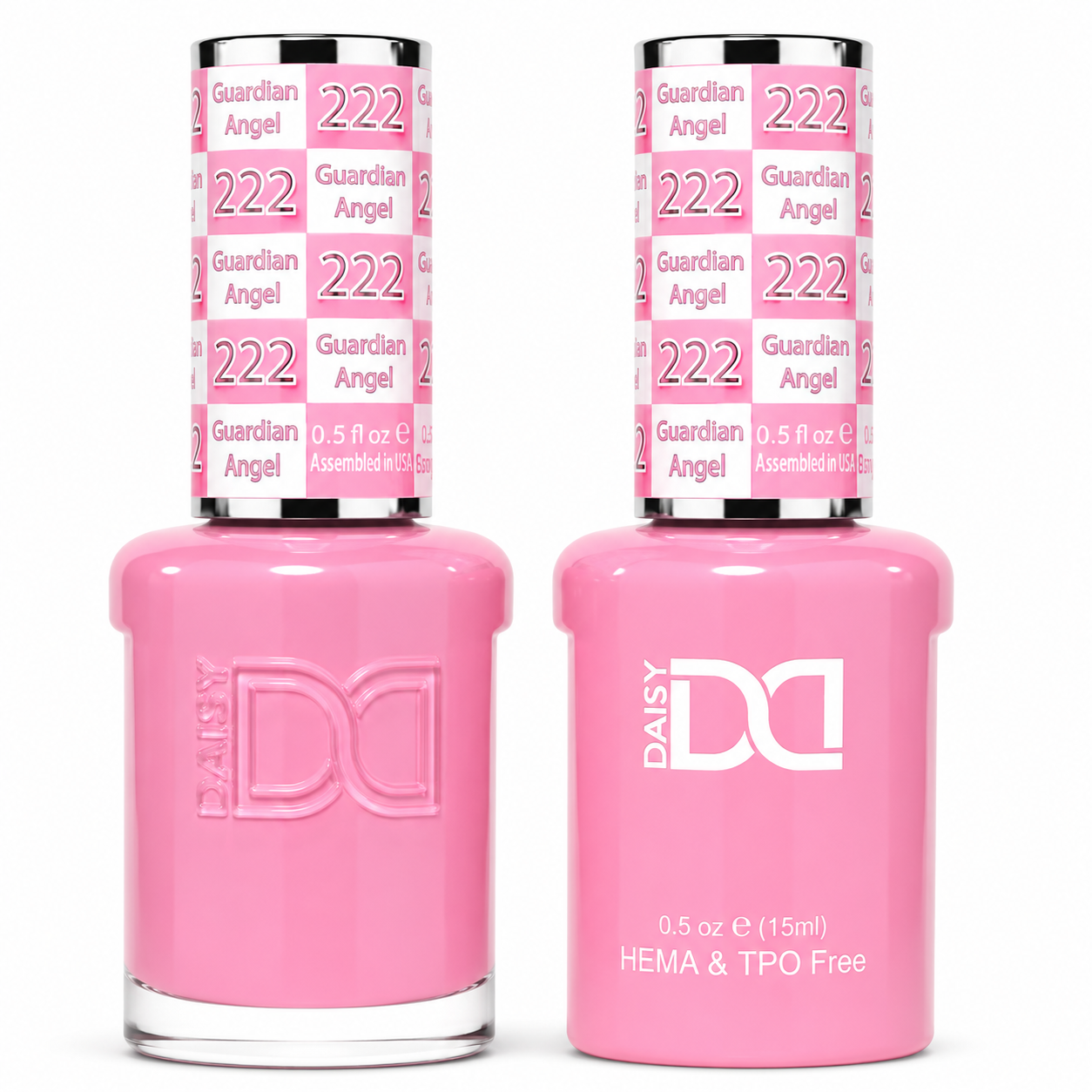 DND 222 Guardian Angel HEMA and TPO Free Gel Polish Duo bright creamy candy pink nail polish bottles.