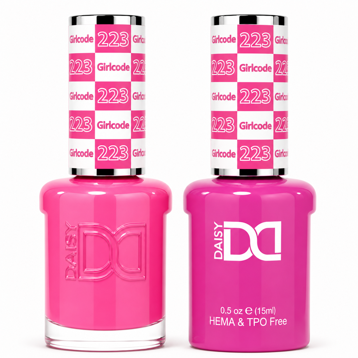 DND 223 Girlcode HEMA and TPO Free Gel Polish Duo bold hot pink nail polish bottles.