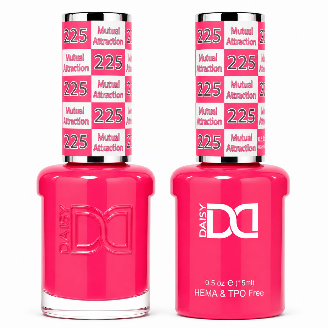 DND 225 Mutual Attraction HEMA and TPO Free Gel Polish Duo bold neon pink nail polish bottles.