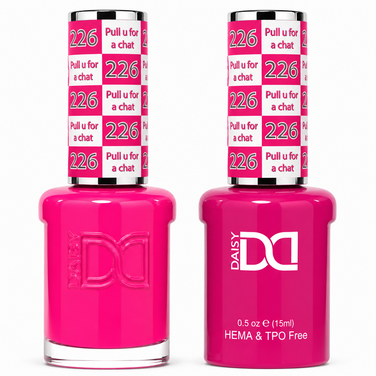 DND 226 Pull u for a Chat HEMA and TPO Free Gel Polish Duo bold hot pink nail polish bottles.