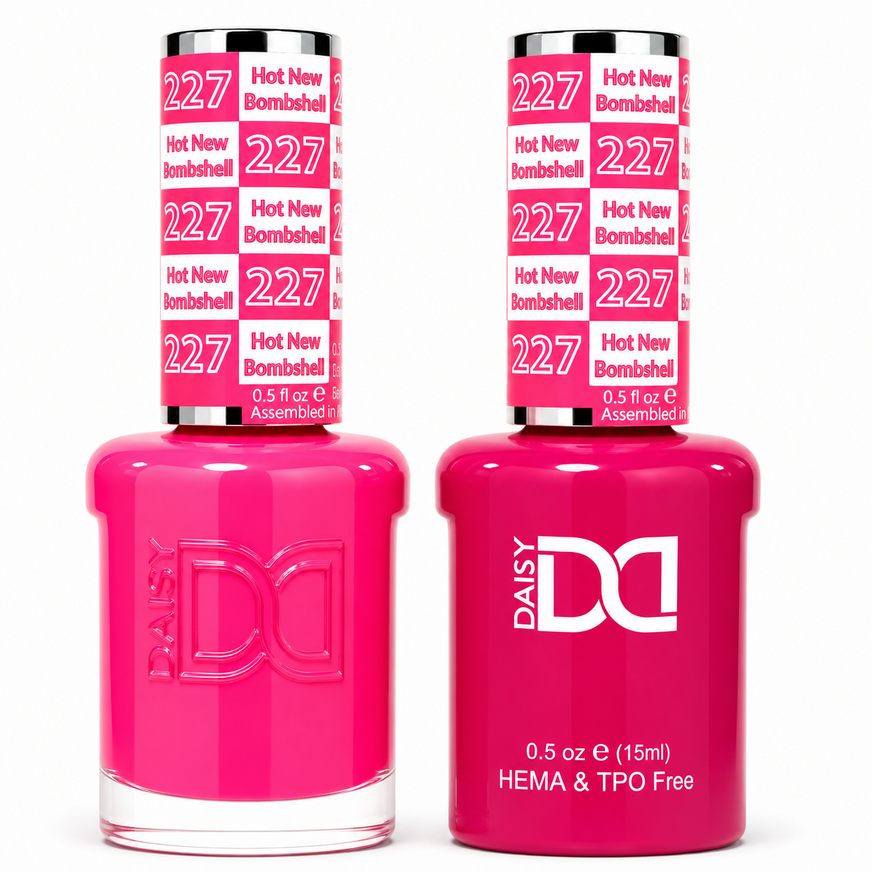 DND 227 Hot New Bombshell HEMA and TPO Free Gel Polish Duo bold neon pink nail polish bottles.