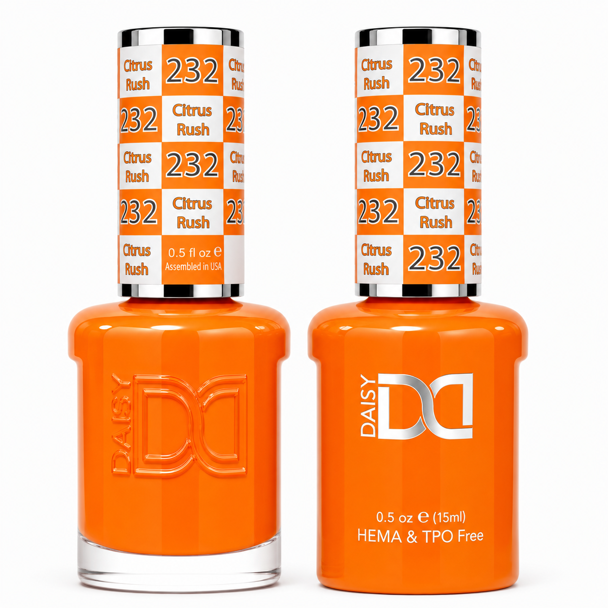 DND 232 Citrus Rush HEMA and TPO Free Gel Polish Duo bold neon orange nail polish bottles.