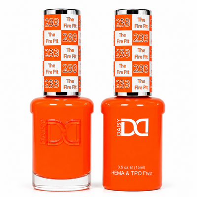 DND 233 The Fire Pit HEMA and TPO Free Gel Polish Duo bold fiery orange nail polish bottles.