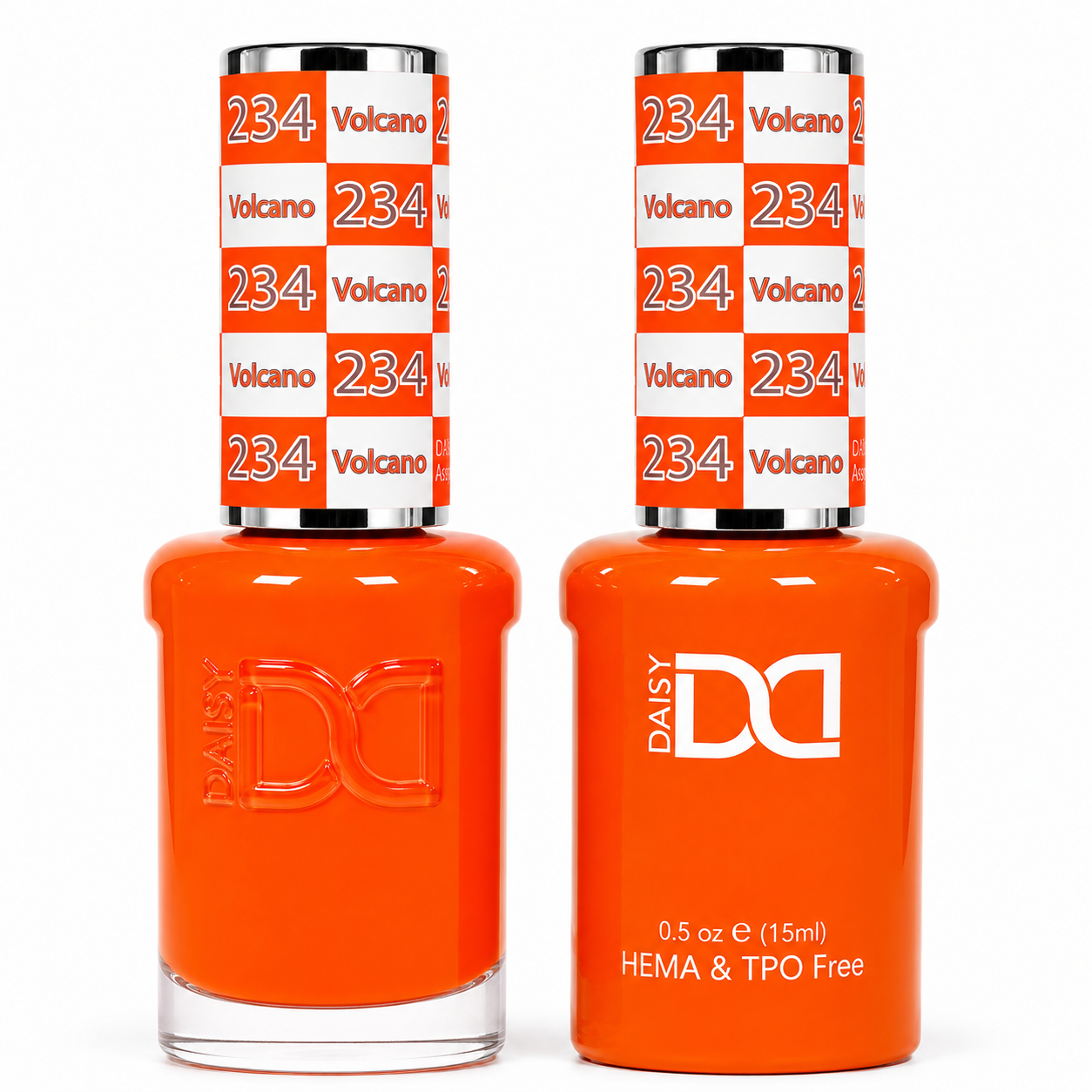 DND 234 Volcano HEMA and TPO Free Gel Polish Duo bold neon orange nail polish bottles.