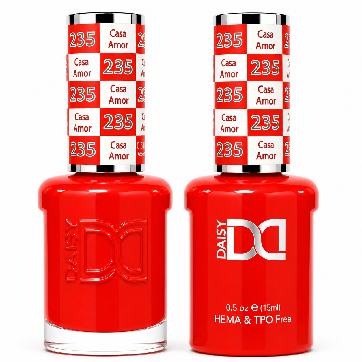 DND 235 Casa Amor HEMA and TPO Free Gel Polish Duo bold classic red nail polish bottles.